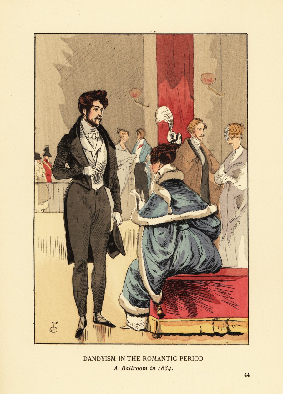 Dandyisme i den romantiske perioden, En ballsal i 1834. Fop i frakk med haler, trange bukser og topphatt. Kvinne i pelskjole med fjær i håret. Håndkolorert litografi av R.V. etter en illustrasjon av Francois Courboin fra Octave Uzanne’s Fashion av François Courboin