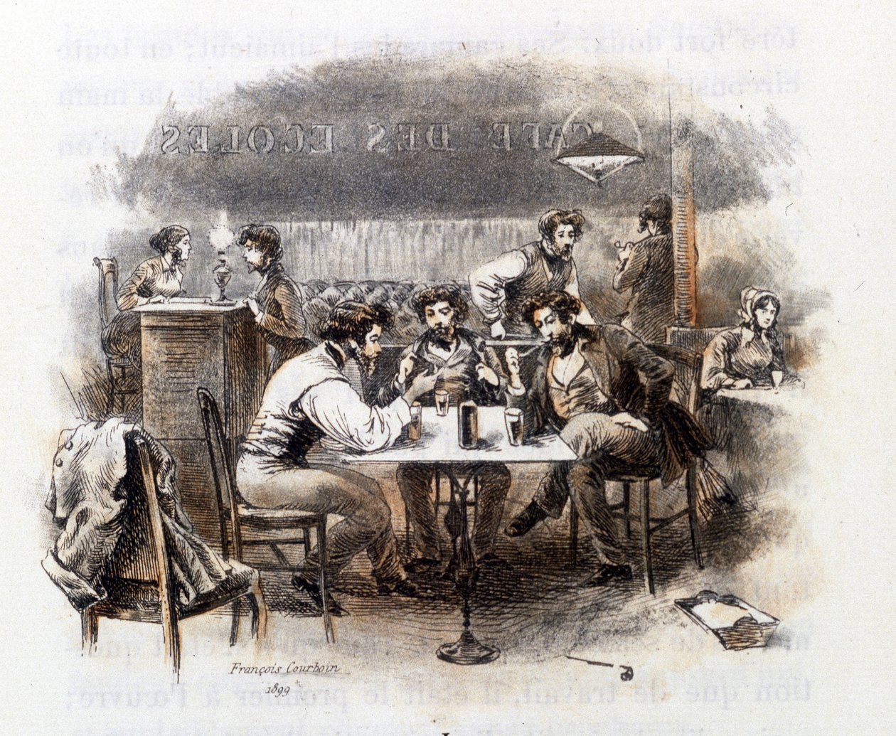 Diskusjon mellom studenter på en parisisk kafé. Illustrasjon av "" Profile of grisette""" ny som tilhører Receuil "" Mimi de Pinson"" av Alfred de Musset av François Courboin