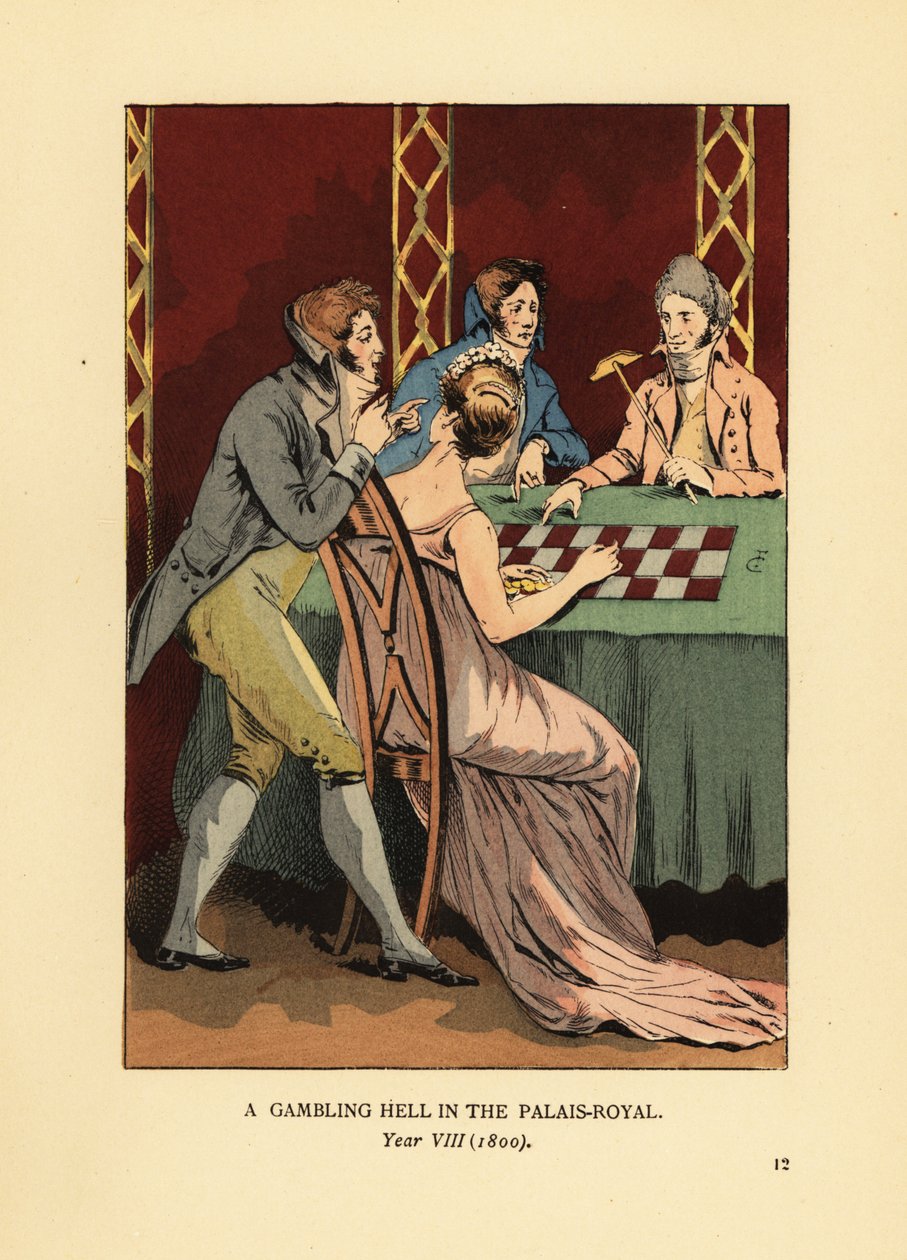 Fasjonable Incroyables i jakker med høy krage ved et spillebord med ung kvinne og croupier. Et gamblinghelvete i Palais Royal, år VIII av François Courboin