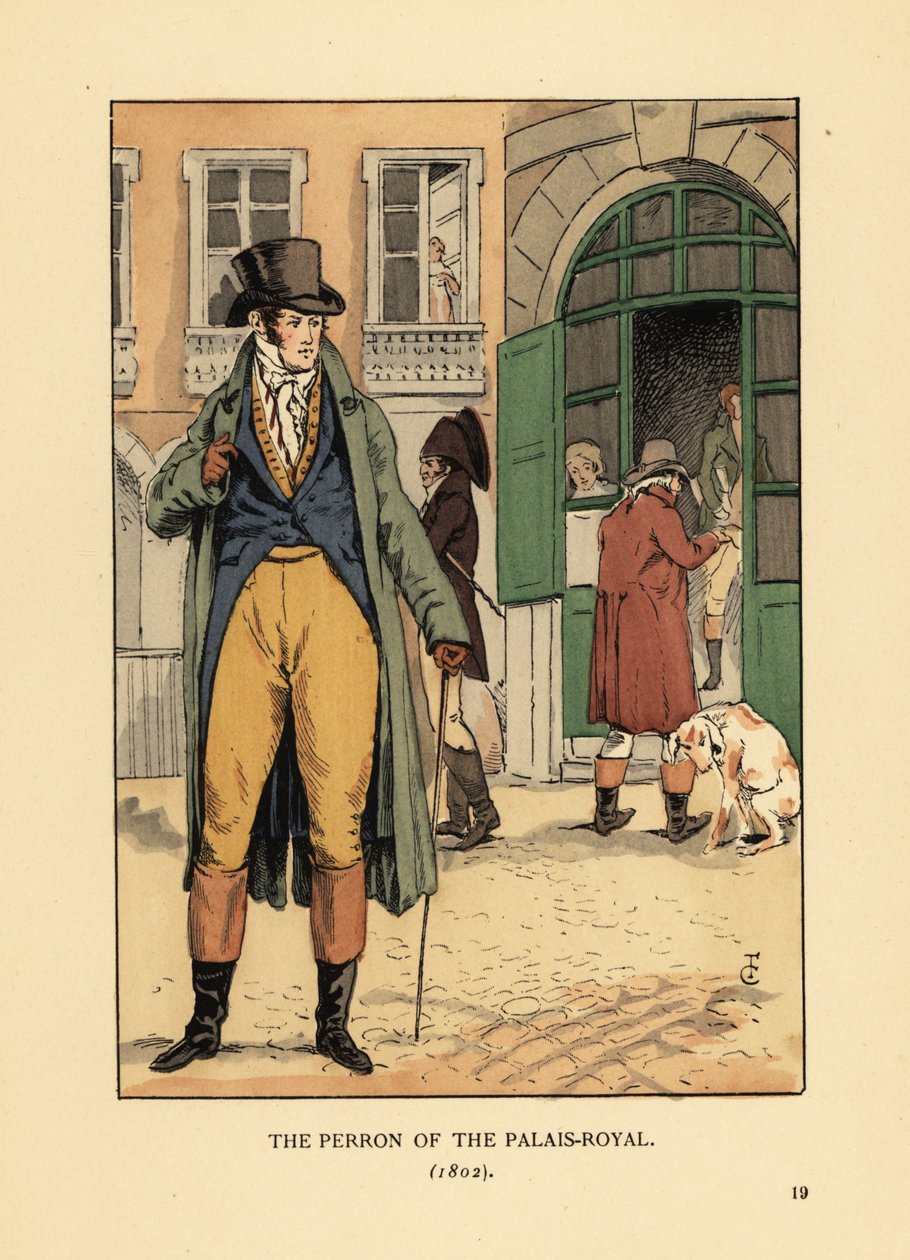 Fasjonabel herremann foran inngangen til Passage du Perron, Palais Royal. Han har på seg lue, halsduk, frakk, buksebukser og støvler. Perron fra Palais Royal, Paris av François Courboin
