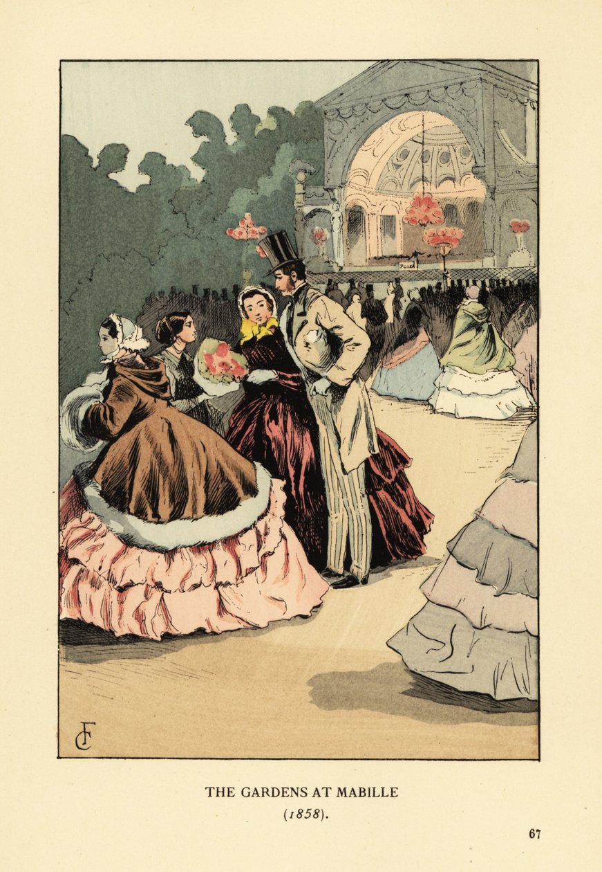 Fasjonable folk på utedansen, Bal Mabille.. Kvinner i vide krinoliner og pelskapper, mann i topplue, jakke og stripete bukser. Kveldsdansen på Jardin Mabille, Avenue Montaigne, ble holdt fra 1844 til 1875. The Gardens at Mabille av François Courboin