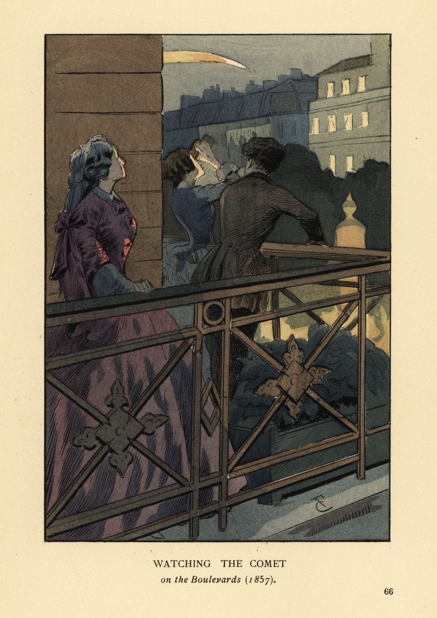 Fasjonable mennesker ser på kometen fra 1857 fra en boulevardbalkong i Paris. Kvinne i krinolin med kikkert. Håndkolorert litografi av R.V. etter en illustrasjon av Francois Courboin fra Octave Uzanne