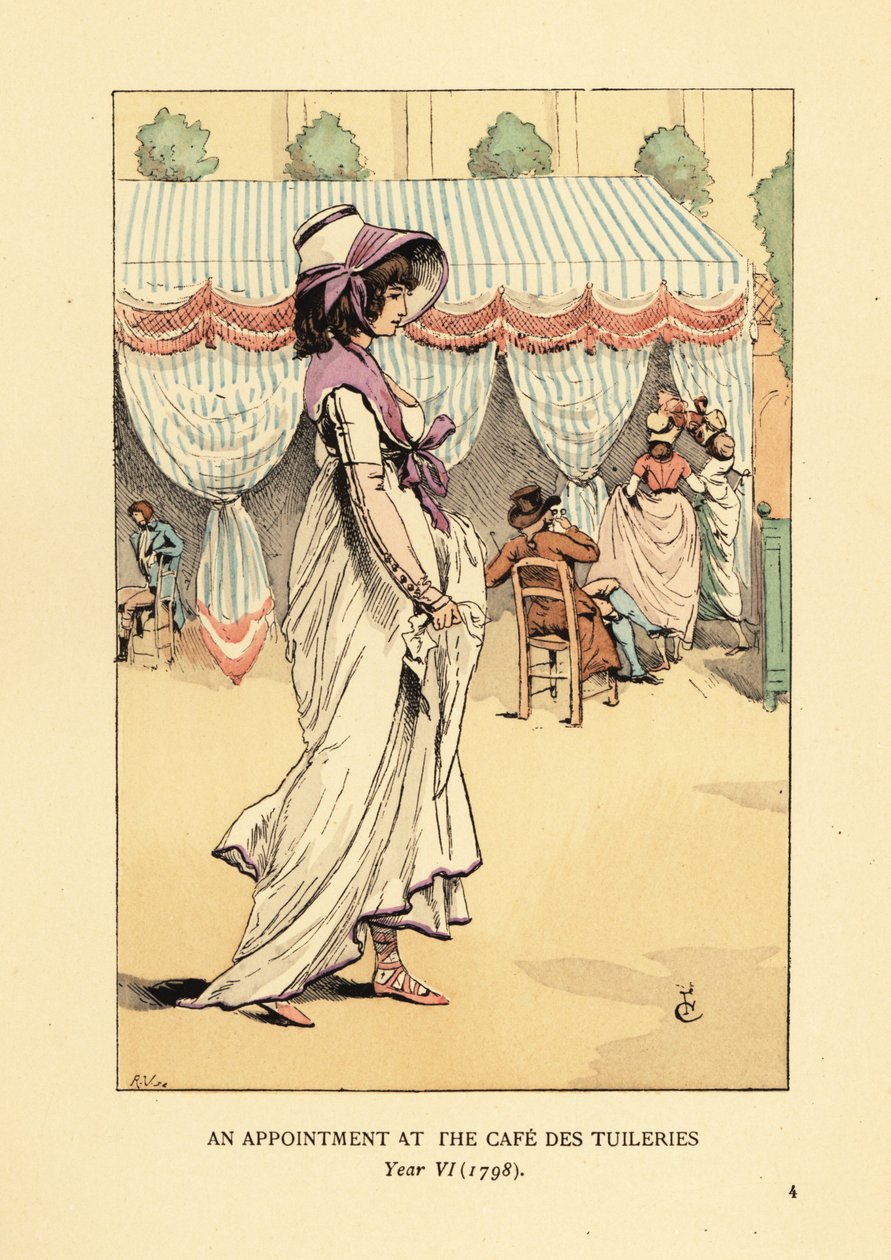 Fasjonabel kvinne som ankommer for en avtale på Cafe des Tuileries, Paris, år VI av François Courboin