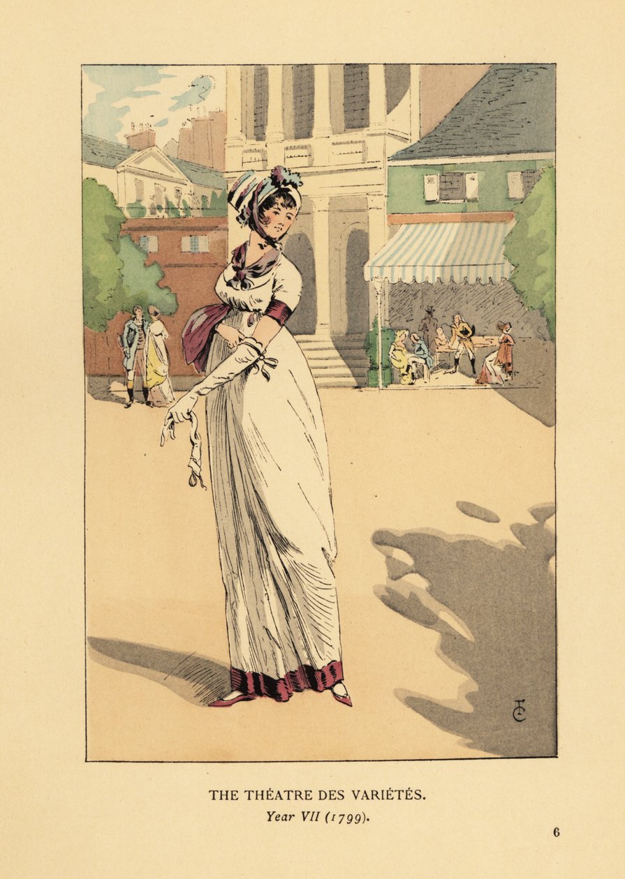 Fasjonabel kvinne foran Theatre des Varietes, Boulevard Montmartre, år VII av François Courboin