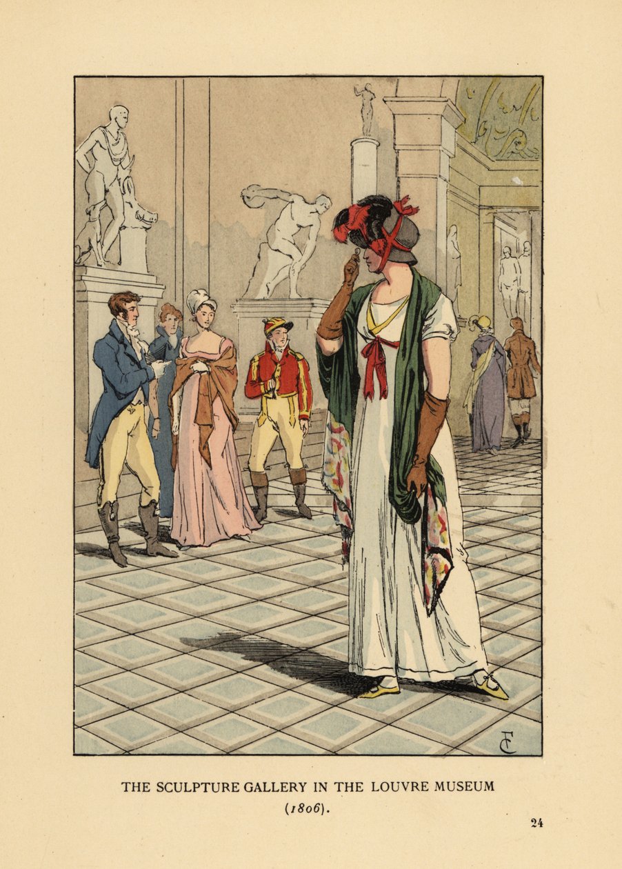 Fasjonabel kvinne i skulpturgalleriet i Louvre-museet av François Courboin