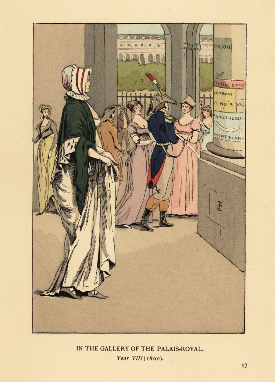 Fasjonabel kvinne som rusler gjennom galleriet til Palais Royal, Paris, år VIII av François Courboin