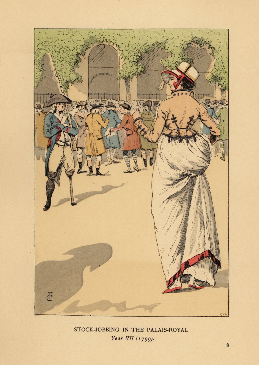 Fasjonabel kvinne med en gruppe spekulanter eller agiotører, Paris. En ettbent revolusjonær soldat står vakt. Lagerjobbing ved Palais Royal, år VII av François Courboin