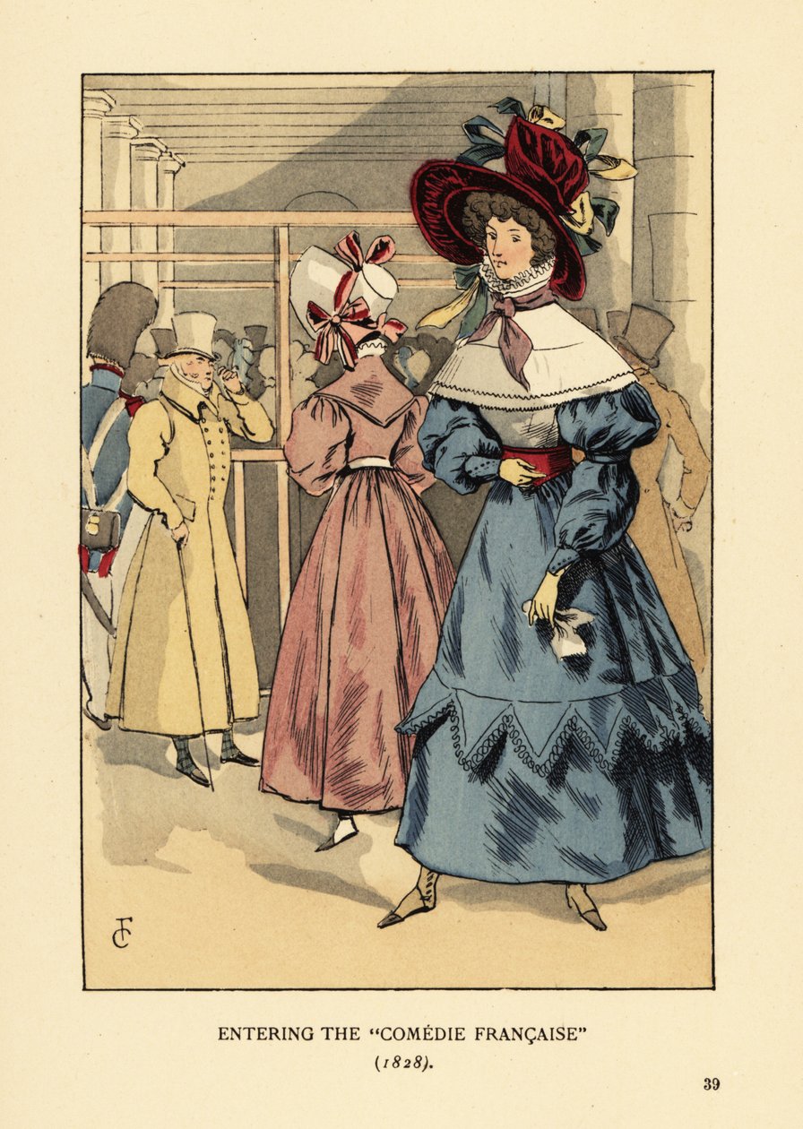 Fasjonable kvinner på et skuespill, Paris. Kvinne i stor panser med bånd, kjole med høy krage, blondekappe eller pelerine og hele ermer en beret. Inn i Comedie Francaise av François Courboin