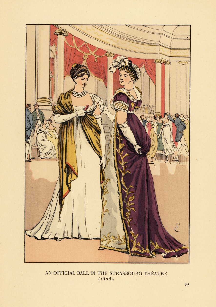 Fasjonable kvinner i ballkjoler og turbaner på et teater. Et offisielt ball i Strasbourg Theatre av François Courboin