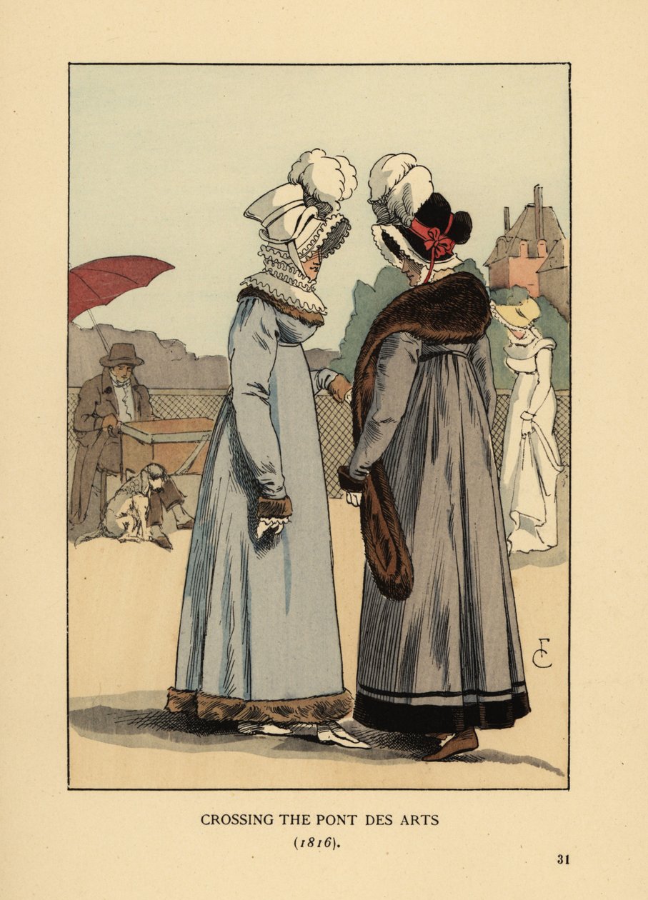 Fasjonable kvinner i fjærhatter, blondekrage og pelstrimmede kjoler. Krysser Pont des Arts, Paris av François Courboin