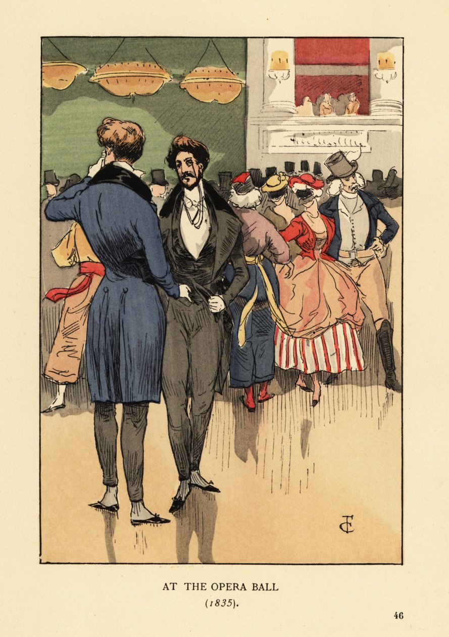 Fops i frakk med haler, vest, trange bukser og hvite strømper. Folk i fancy dress og masker bak seg. På Operaballet 1835. Håndkolorert litografi av RV etter en illustrasjon av Francois Courboin fra Octave Uzanne's Fashion i Paris, Will av François Courboin
