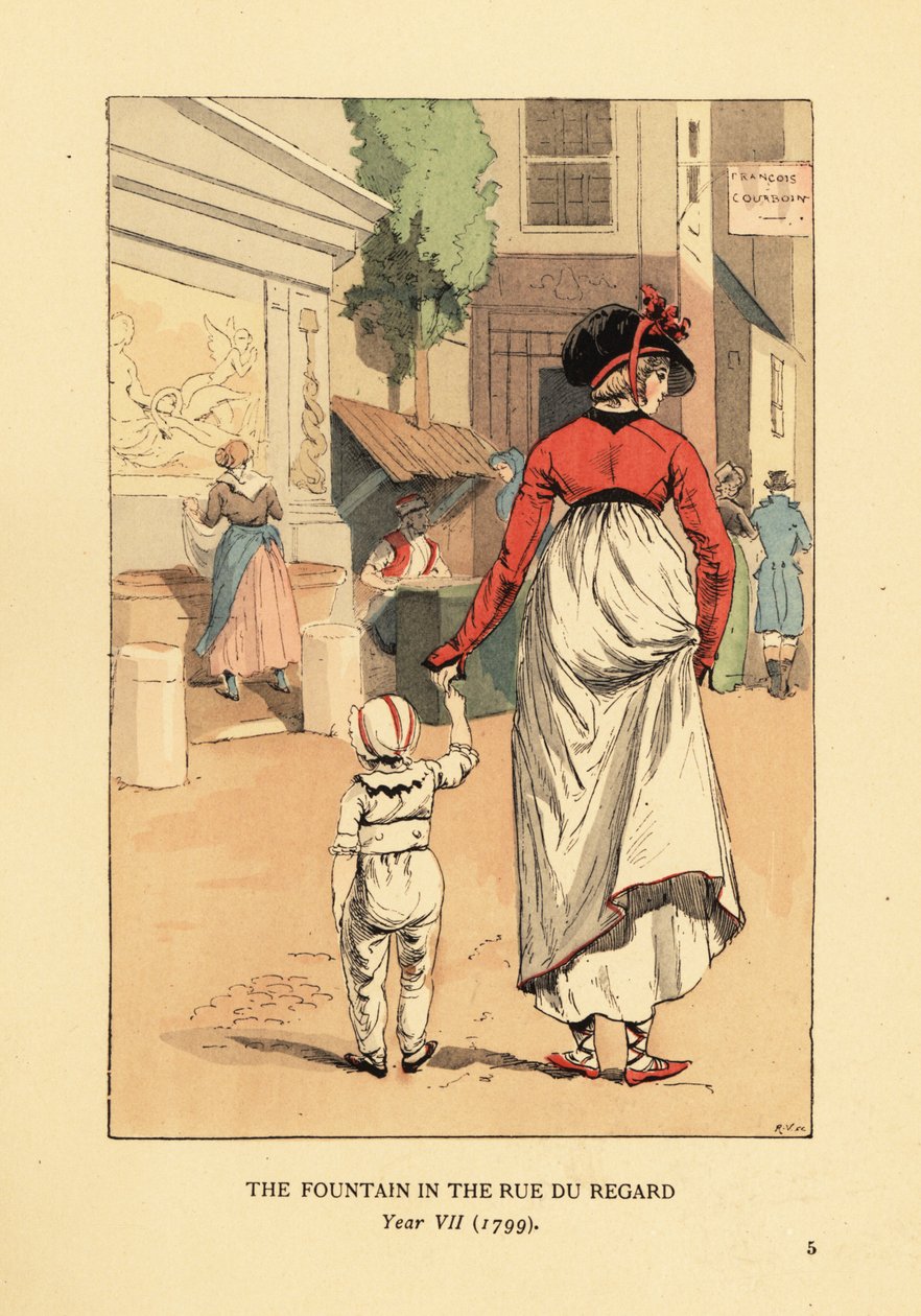 Kvinne og barn foran Leda-fontenen, Fontaine de Leda, i Rue du Regard, Paris, år VII av François Courboin