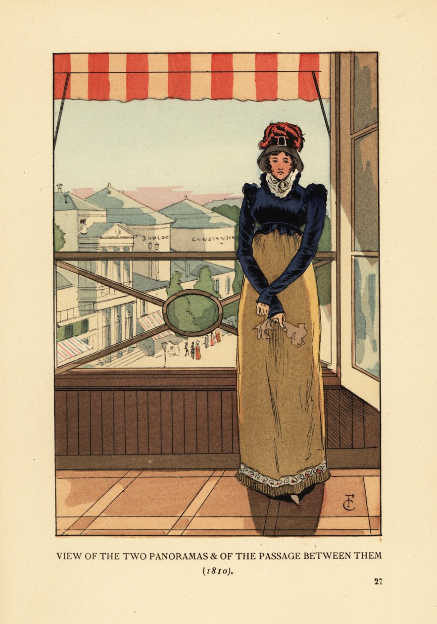 Kvinne ved vinduet med utsikt over Panoramas og Passage des Panoramas, på Boulevard Montmartre, Paris av François Courboin