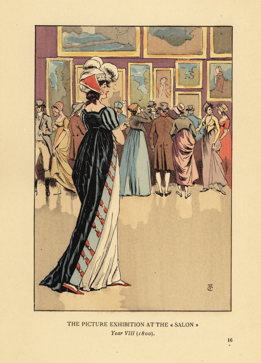 Kvinne i moteriktig kjole på bildeutstillingen i Paris-salongen, Academie des Beaux-Arts, år VIII av François Courboin