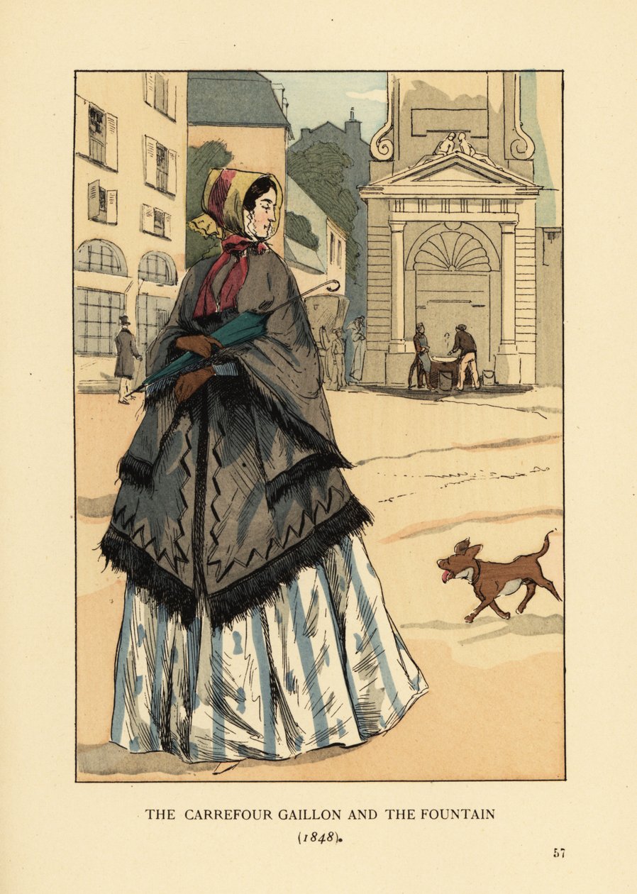 Kvinne foran fontenen på Place Gaillon, Paris. Hun har på seg et kasjmirsjal med armhull kalt la visite over krinolinen. Carrefouren Gaillon og fontenen av François Courboin