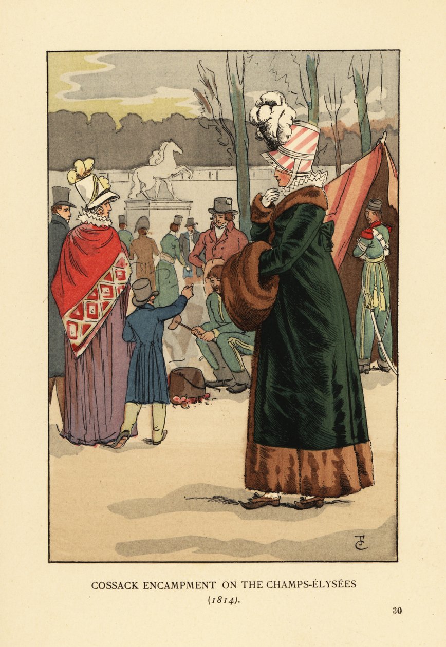 Kvinne i pelsfôret pels med pelsmuff på besøk til Tatar- og Kalmyk-kosakkbivuene i Paris etter Napoleons fall. Kosaksleir på Champs Elysees av François Courboin