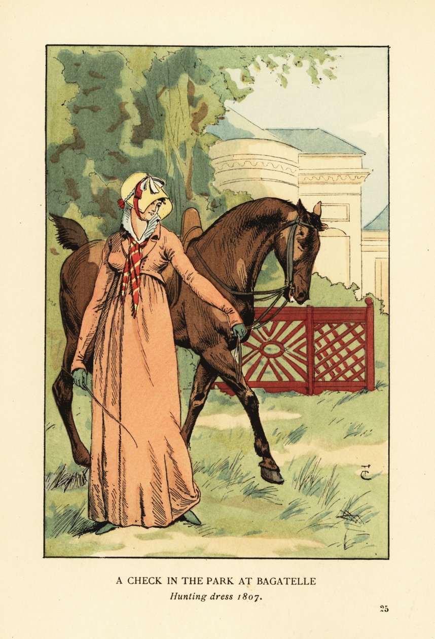 Kvinne i jaktkjole, panser og tørkle leder en hest i Parc de Bagatelle, Bois de Boulogne, Paris av François Courboin