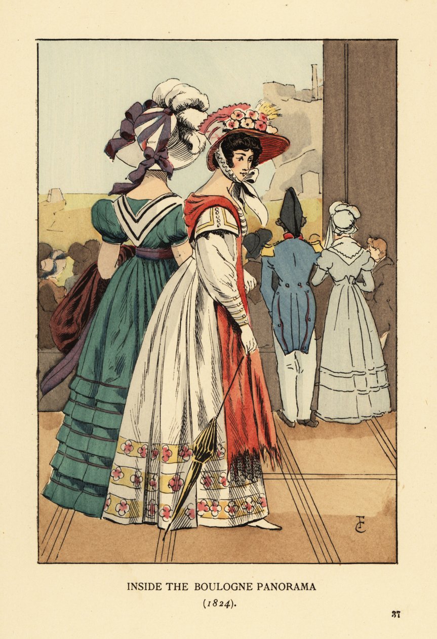 Kvinner ser på det store bybildet inne i Boulogne Panorama, Boulevard Montmartre, Paris av François Courboin