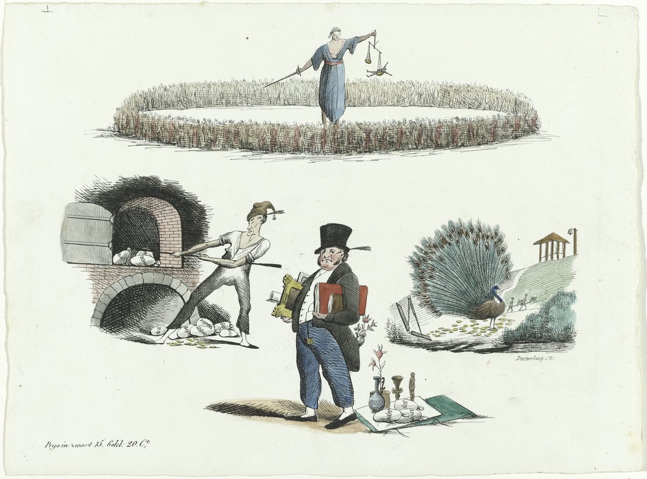 Tegneserie om JC Backer, C. Seyn og S. van der Paauw, 1839 av François Desterbecq