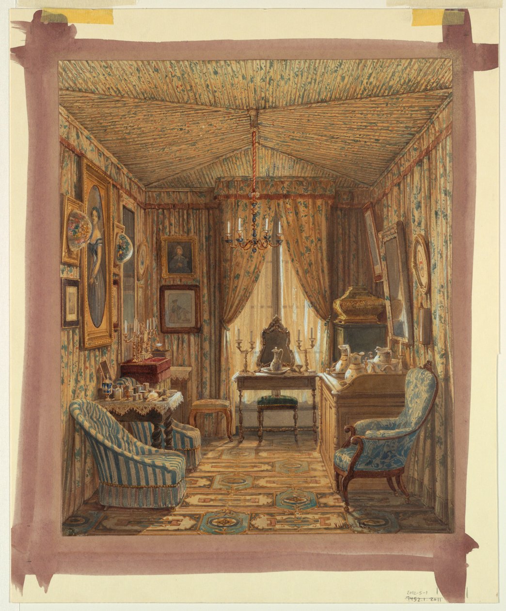 Tegning, interiør av et garderoberom med telttak, 1848 av Francois Etienne Villeret