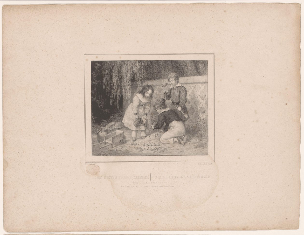 Tre barn i hagearbeid Les petits jardiniers / The little gardeners (tittel på objekt) Tolv representasjoner av forskjellige figurer (serietittel) Album de douze sujets (...) (serietittel) av François Grenier