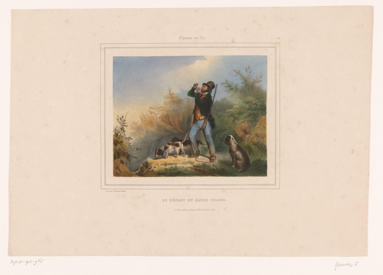 Viltvokter med tre jakthunder Le départ du garde chasse (tittel på objekt) Jegere med våpen (serietittel) Chasses au Tir (serietittel på objekt) av François Grenier
