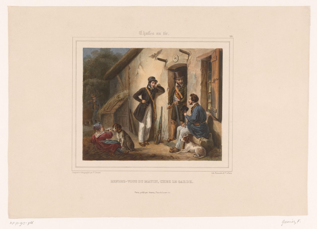 Jegere møter viltvokteren om morgenen Rendezvous du matin, chez le garde (tittel på objekt) Jegere med våpen (serietittel) Chasses au Tir (serietittel på objekt) av François Grenier