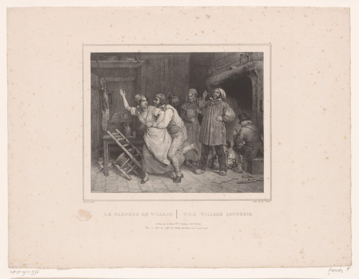 Mann prøver å klemme kvinnen i vertshuset Le farceur de village / The village lotherio (tittel på objekt) Tolv representasjoner av forskjellige figurer (serietittel) Album de douze sujets (...) (serietittel) av François Grenier