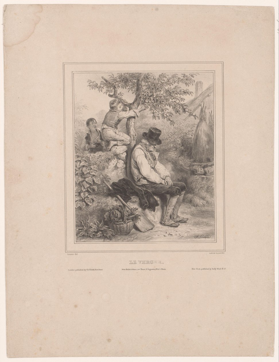 To gutter plukker epler fra en sovende bonde Le verger (tittel på objekt) av François Grenier