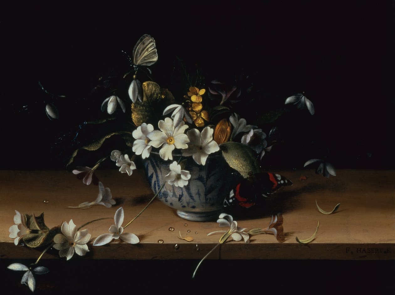 Blomster i en blå og hvit kinesisk porselensskål med en rød admiralsommerfugl på en trehylle (olje på panel) av François Habert