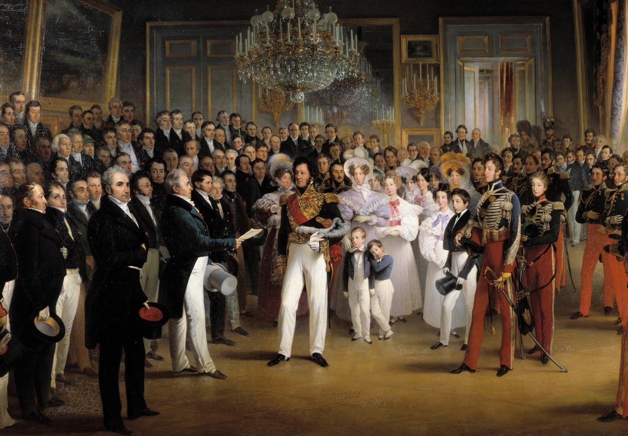 Revolusjonen av 1830: "" Deputertkammeret presenterer til hertugen av Orleans, Louis Philippe I (1773-1850), handlingen som kaller ham til tronen og charteret av 1830, på det kongelige palasset, 7/08/ 1830"" Detalj. Maleri av Francois Joseph Heim (1787-18 av François Joseph Heim