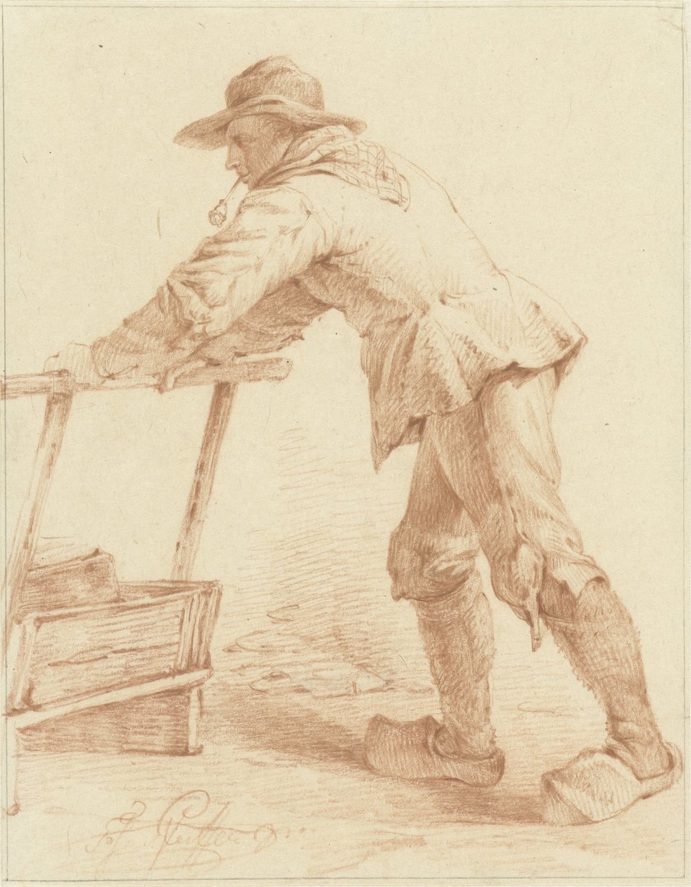 Gutt i tresko, skyver en slede (?) av François Joseph Pfeiffer (II)