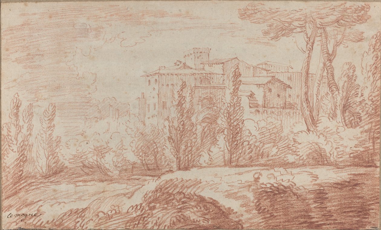 En italiensk befestet by sett gjennom trær av François Le Moyne