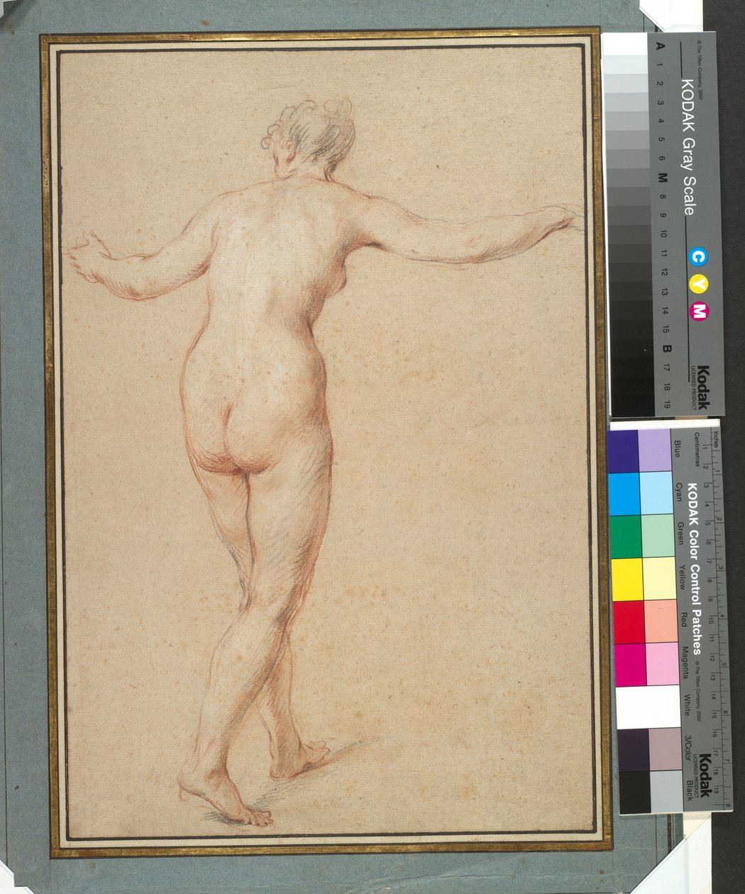 Stående kvinne naken sett bakfra, ca. 1722 (rødt, svart og hvitt kritt på papir) av François Lemoyne