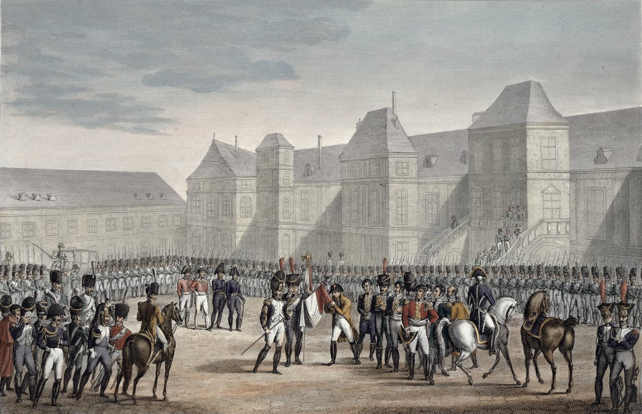 Abdikasjonen av Napoleon og hans avgang fra Fontainebleau til Elba, 20. april 1814 av François Pigeot