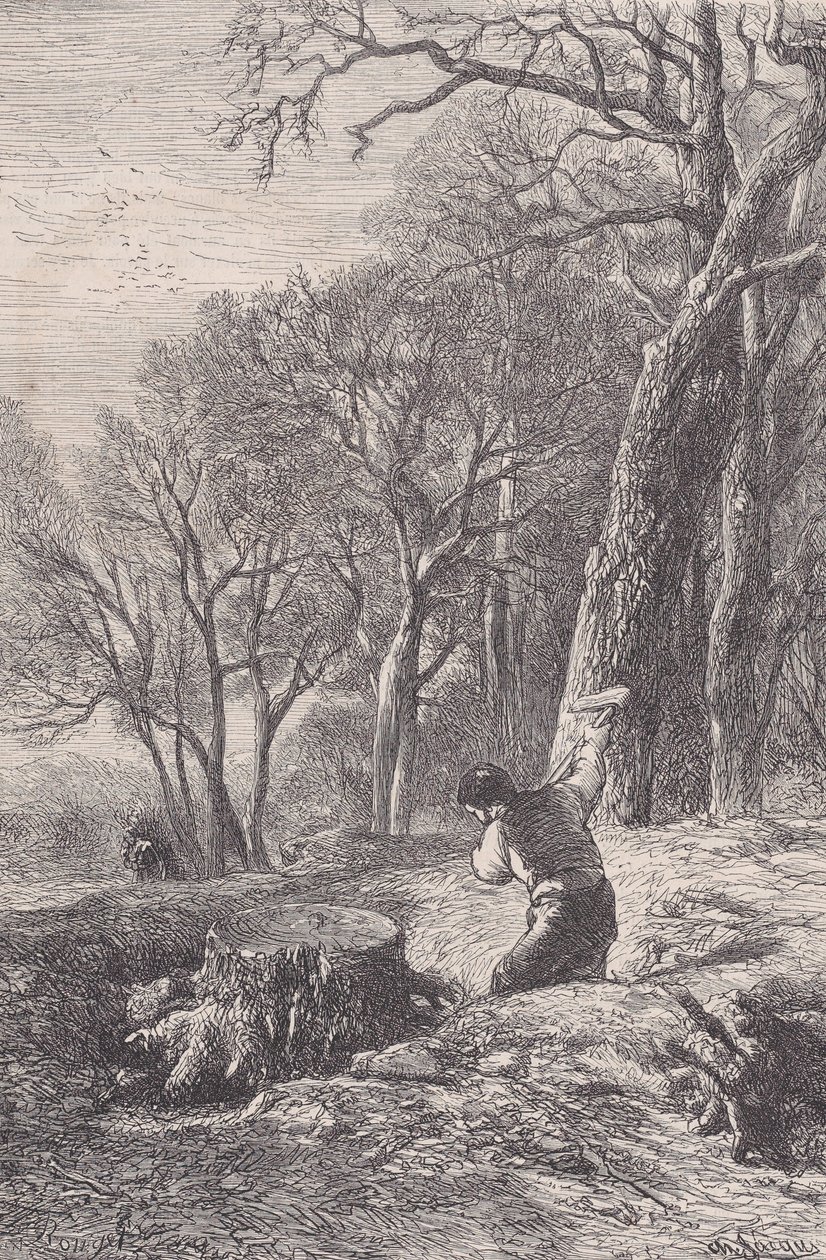 Vinterscene: stubbetrekkeren, fra Magasin Pittoresque, ca. 1852. av François Rouget
