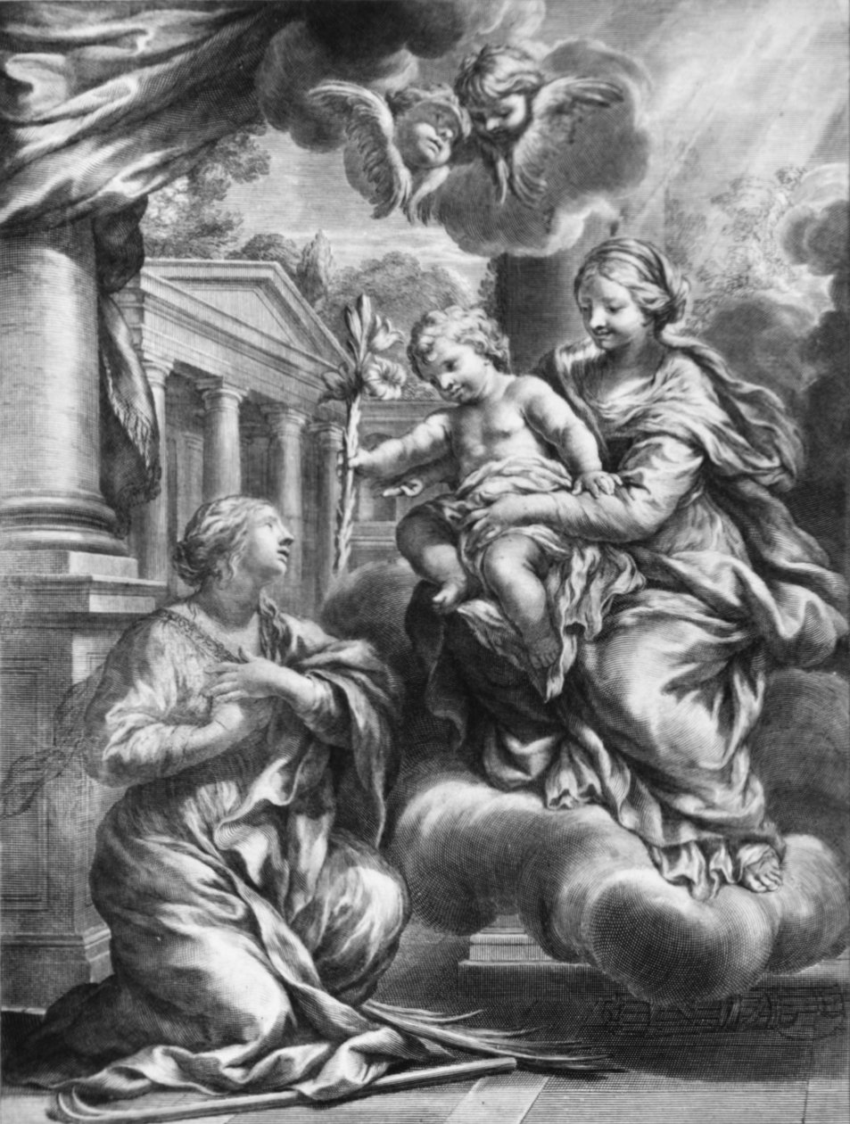 Saint Martina kneler foran jomfruen og barnet, mens barnet tilbyr henne en lilje,..., ca. 1664-79. av François Spierre