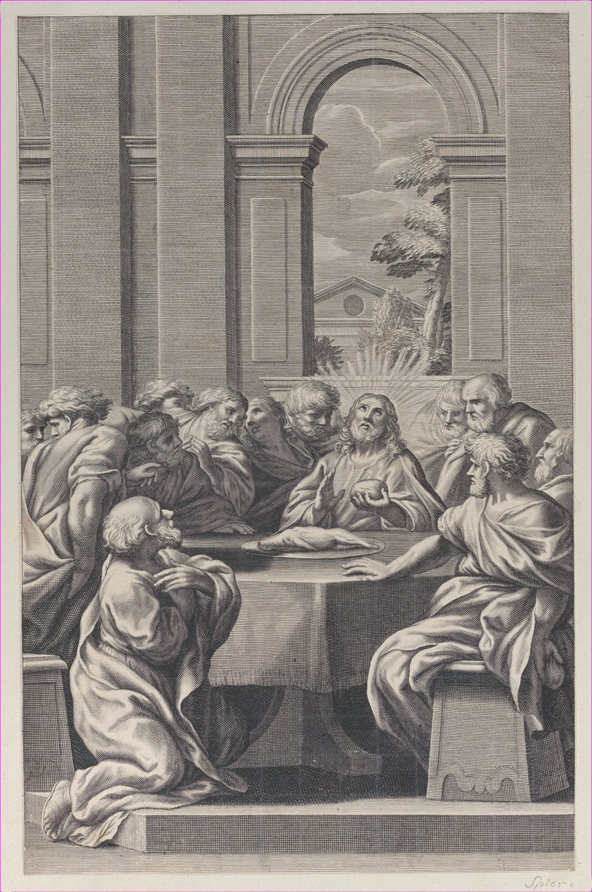 Nattverden, interiøret i en klassisk bygning med Kristus og apostlenes sete..., 1660-81. av François Spierre