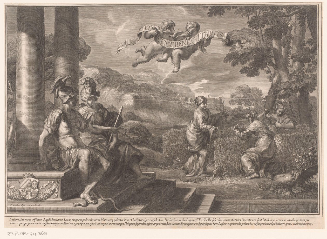 Sittende personifikasjoner av Genie og Filosofi med nymfer som planter roser av François Spierre