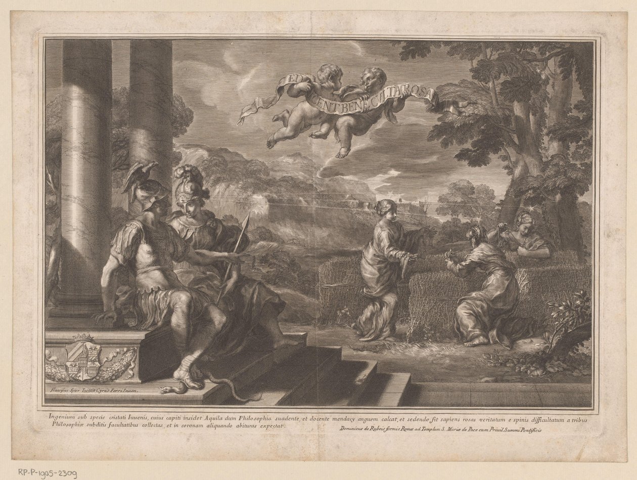 Sittende personifikasjoner av Genie og Filosofi med nymfer som planter roser av François Spierre