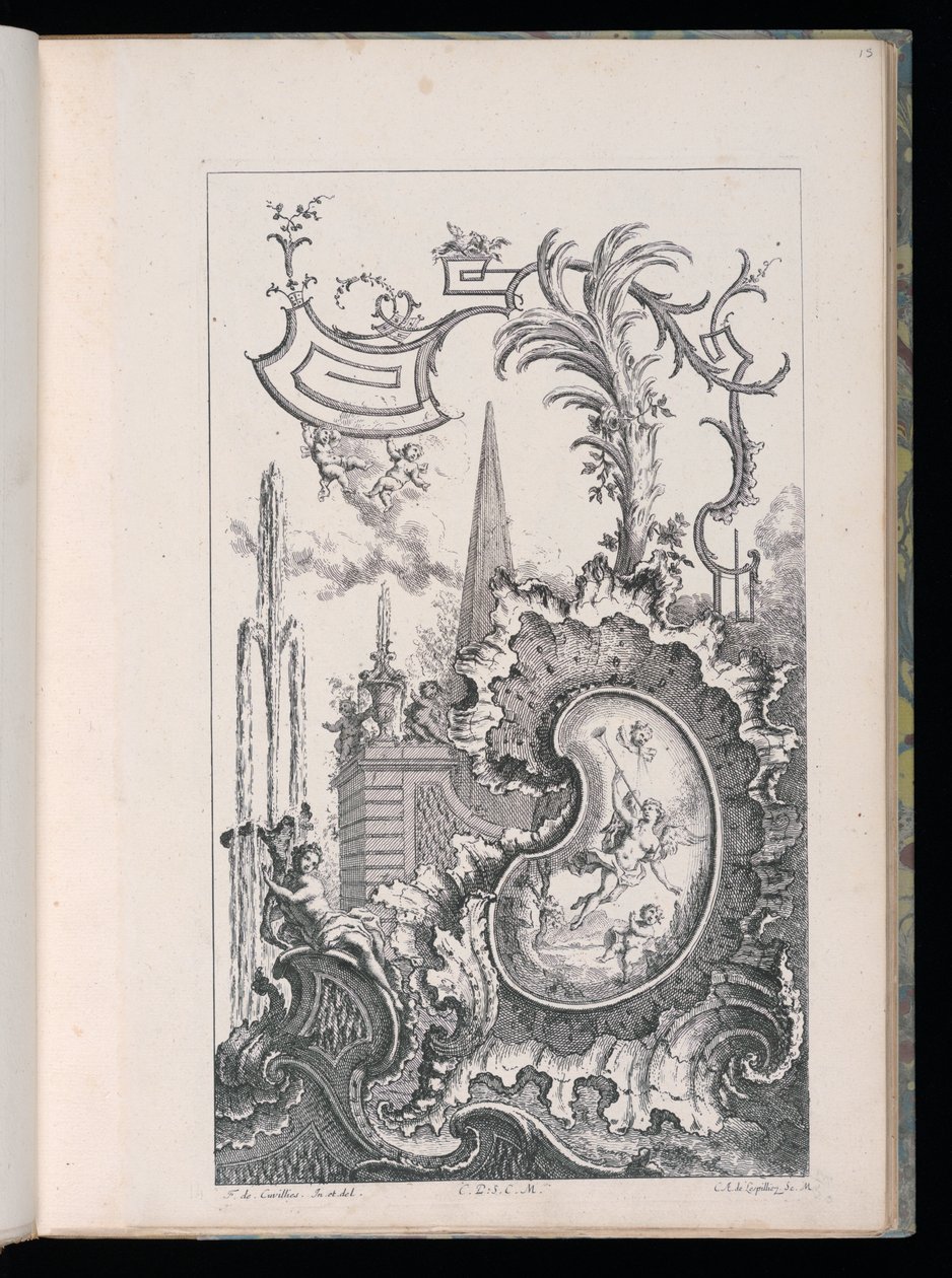 Kassett med obelisk og håndflate, ny bok med fantasistykker av François de Cuvilliés the Elder