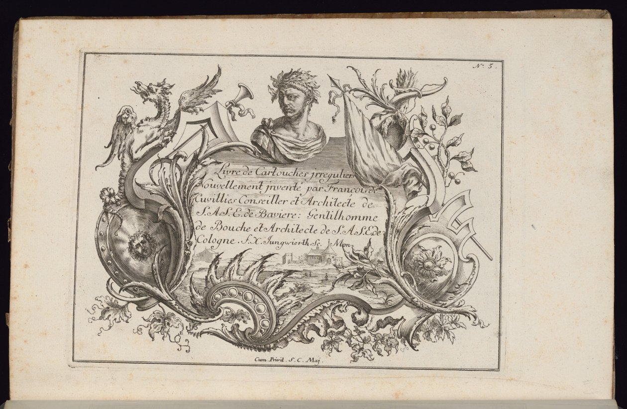 Patron med portrettbyste, bok med uregelmessige kassetter av François de Cuvilliés the Elder