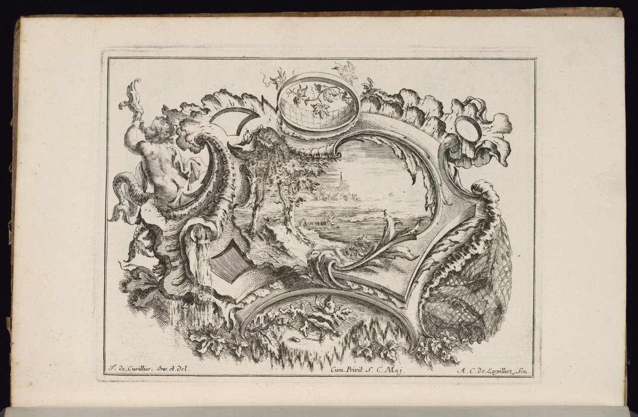 Patron med Putto blåsende konkylie, Book of irregular Cartridges av François de Cuvilliés the Elder