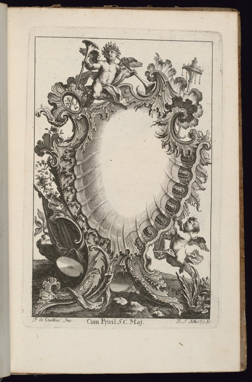 Patron med Putto Holdende trompeter, Book of irregular Cartridges av François de Cuvilliés the Elder