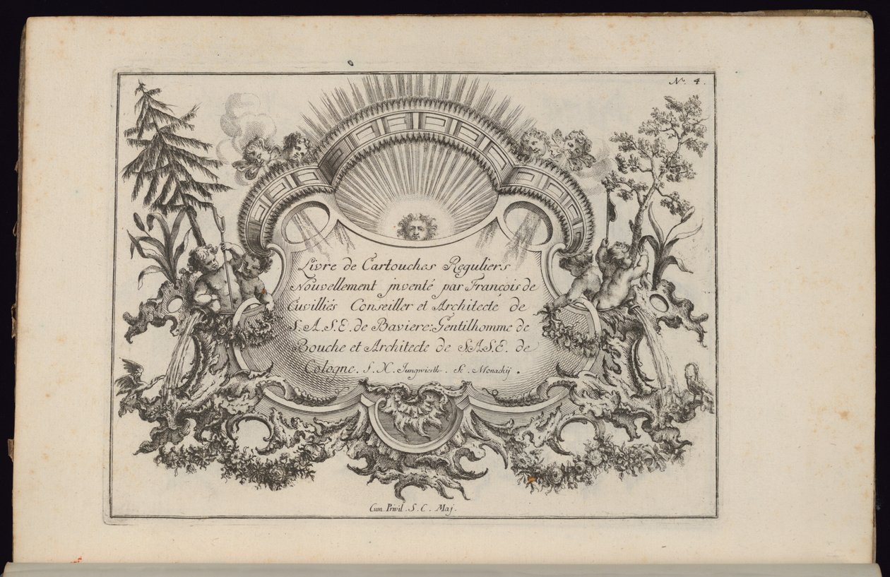 Kartusj med sol og fire vinder, Livre de Cartouches Reguliers (Book of Regular Cartouches) av François de Cuvilliés the Elder