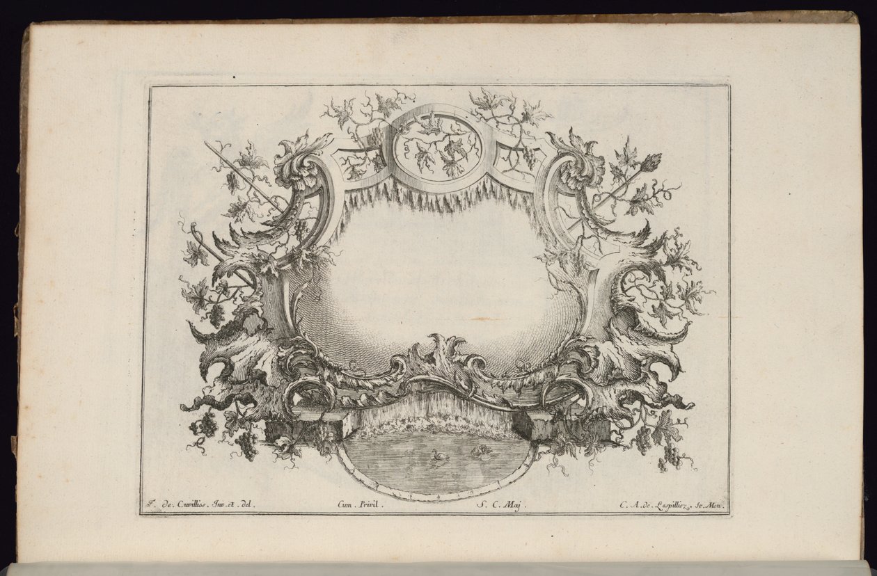 Cartouche med vinblader og druer, Livre de Cartouches Reguliers (Book of Regular Cartouches) av François de Cuvilliés the Elder