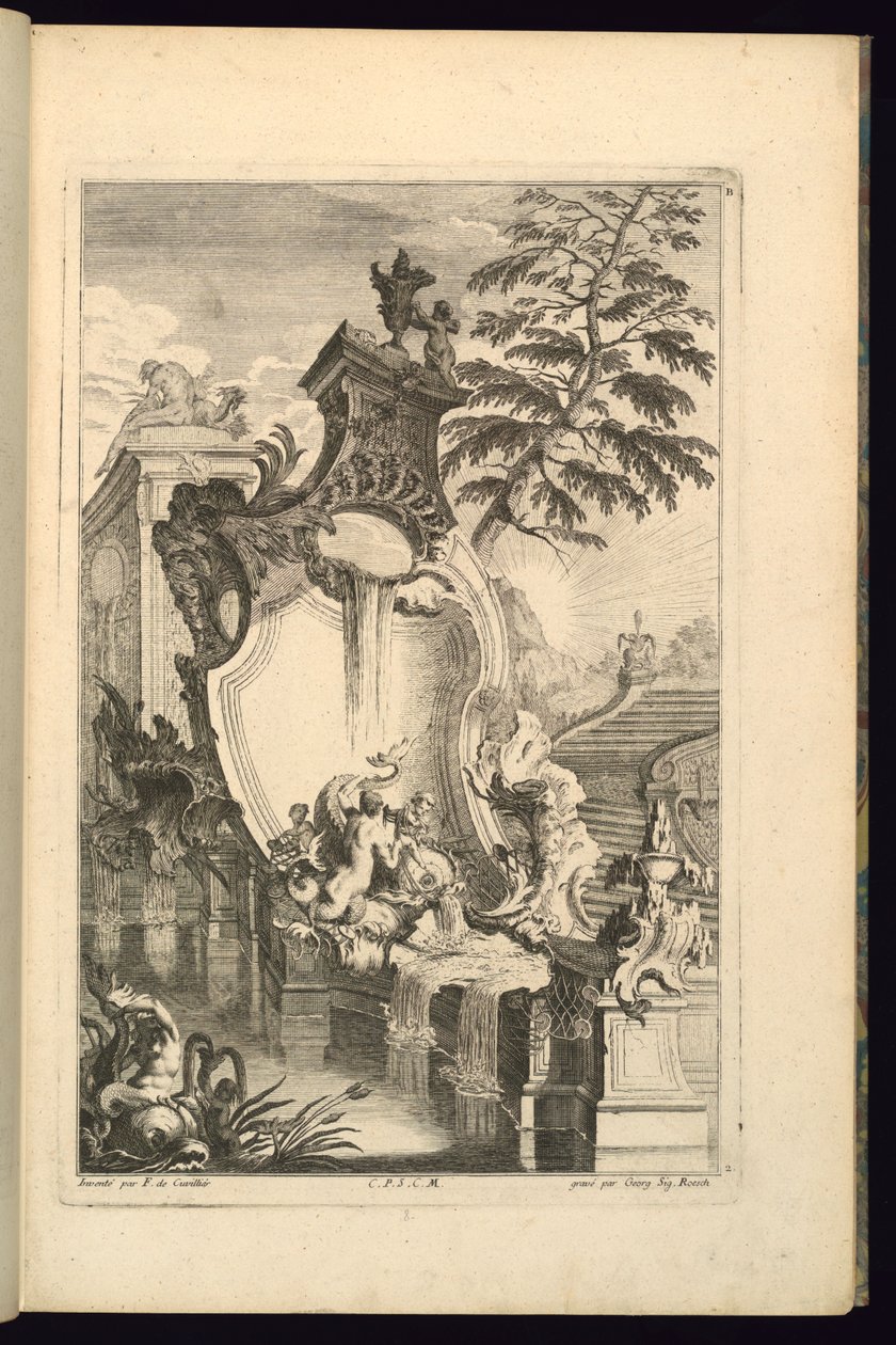 Design for fontene med Putto Riding a Dolphin av François de Cuvilliés the Elder