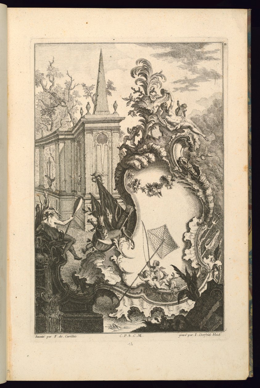 Design for fontene med to putter med fiskenett av François de Cuvilliés the Elder