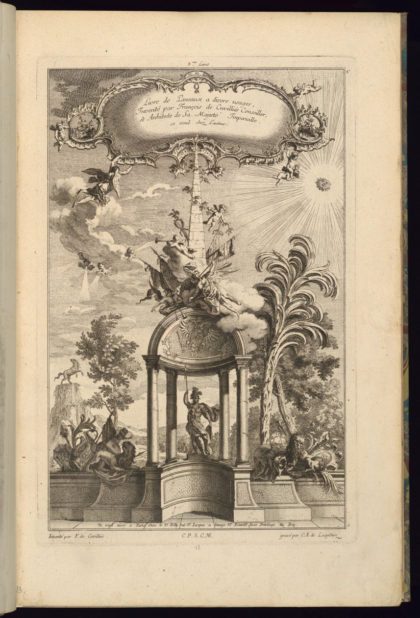 Design for paneler med Tempietto med Minerva, kronet av en Obelisk og Victory av François de Cuvilliés the Elder
