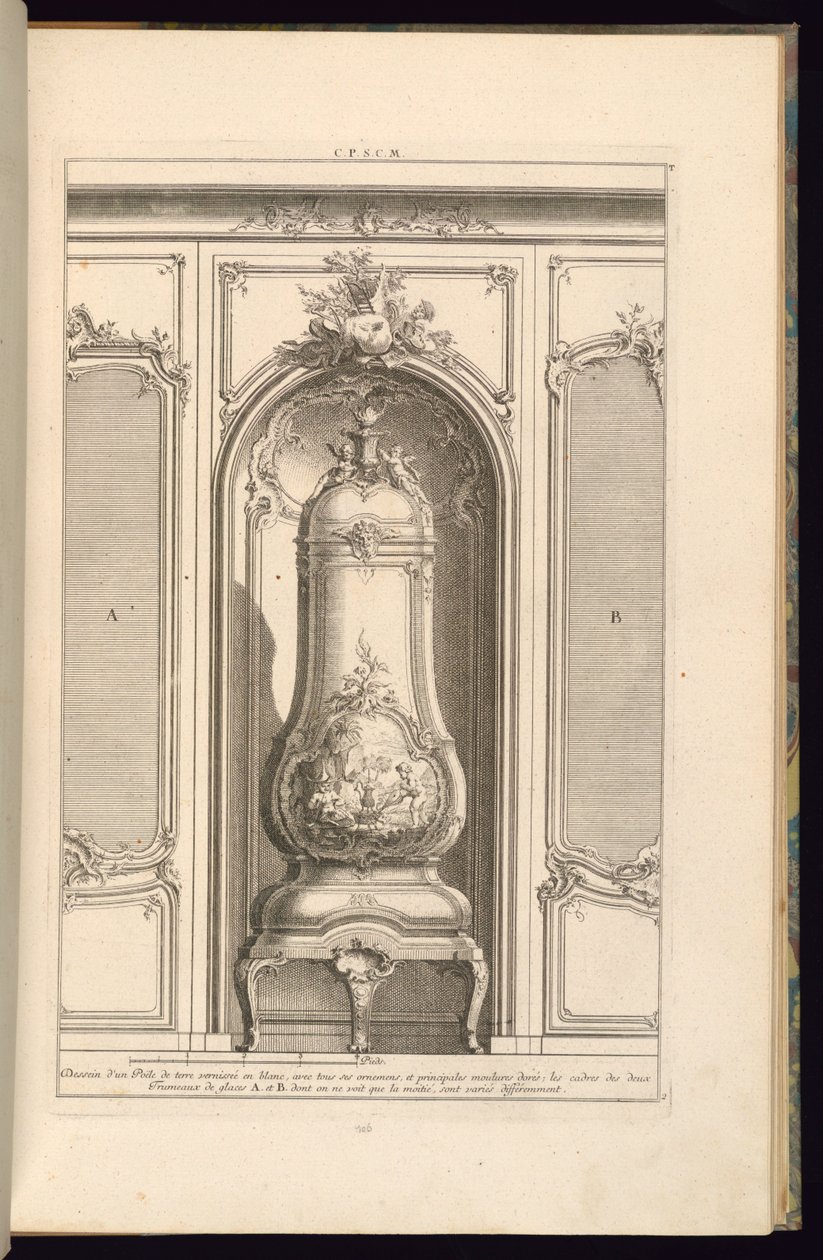 Tegning av en glassert jordovn i hvit ... annerledes av François de Cuvilliés the Elder